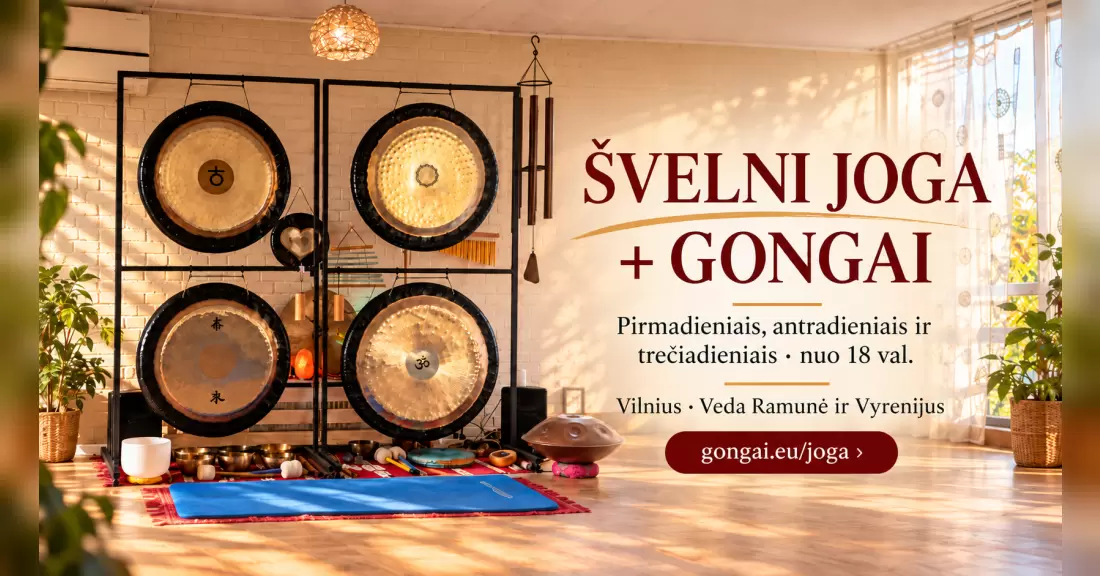 Švelni joga + gongai Vilniuje – 2026 m. spalio 19 d., pirmadienis